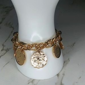Gold Tone Coin Charm Linked Dangling Bracelet